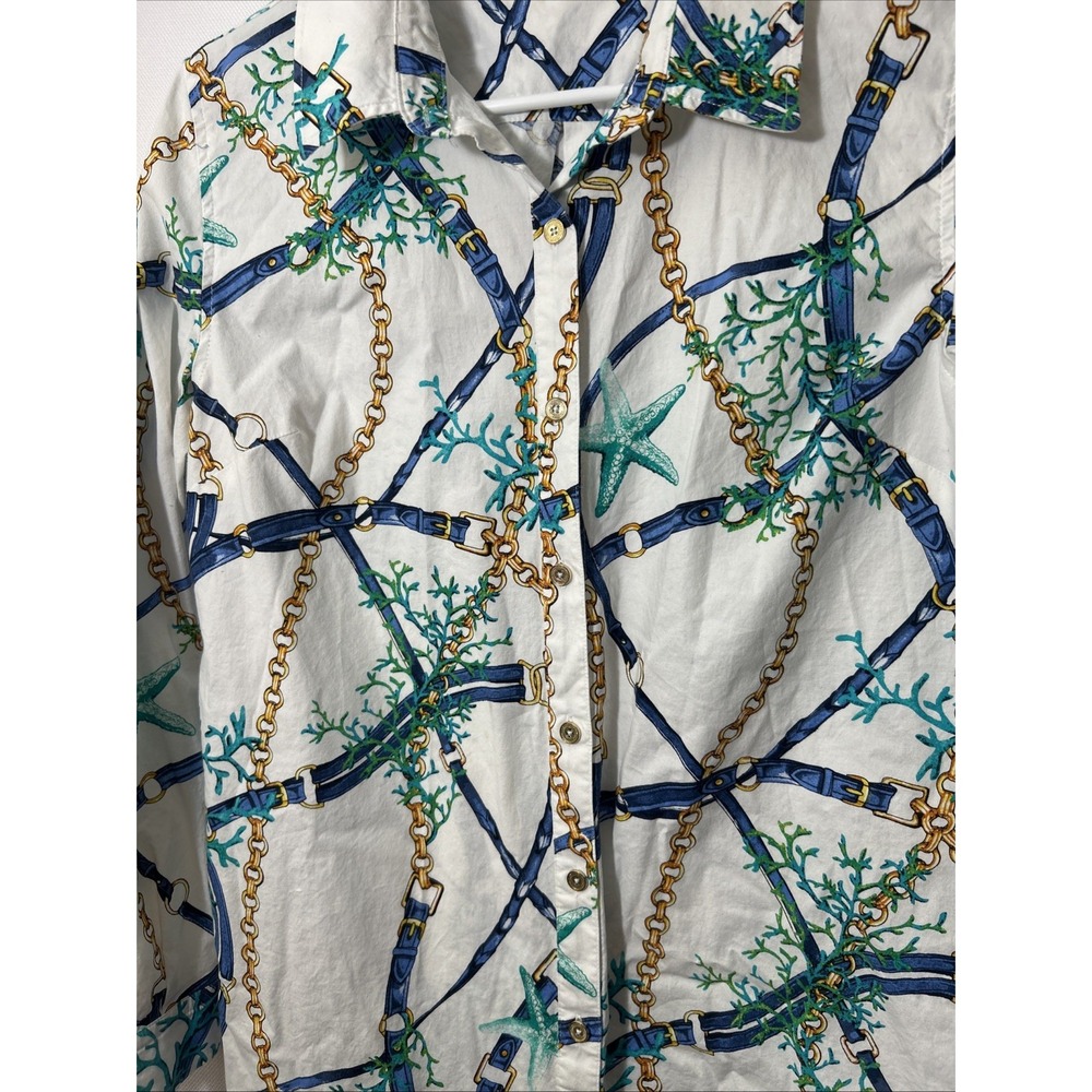 Susan Graver Womens Nautical Chain Coral Starfish Button Front Top Coastal 6